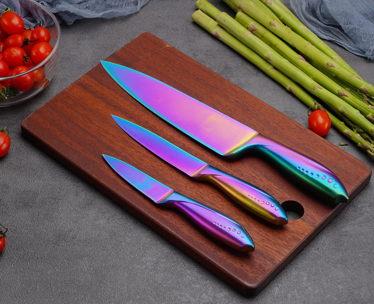 Hollory Rainbow Kitchen Knife Set 3 Piece, Razor Sharp German Stainless Steel Blade with 8 in Chef, 5 in Utility, 3.5 in Paring – Starter Set with Gift Box