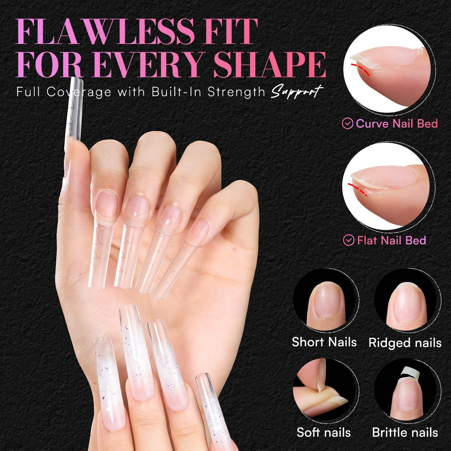 Makartt XL Tapered Square Nail Tips with Alignment Guides, Half Cover Fake Nails, Natural C Curve, Matte Clear Straight Nails for Extension, Nail Art Design Manicure Salon Home DIY, 240pcs 12 Sizes