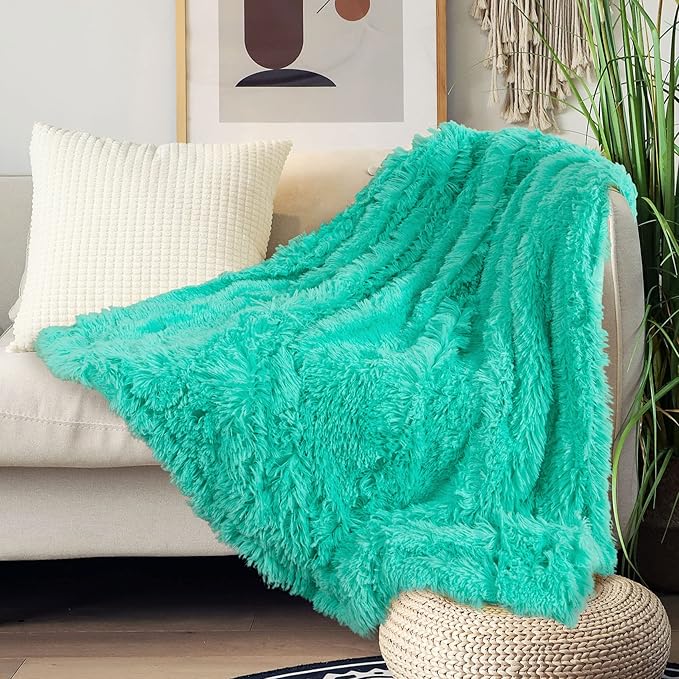 Tuddrom Decorative Extra Soft Faux Fur Throw Blanket 70"x78",Solid Reversible Fuzzy Lightweight Long Hair Shaggy Blanket,Fluffy Cozy Plush Fleece Comfy Microfiber Blanket for Couch Sofa Bed,Teal Blue