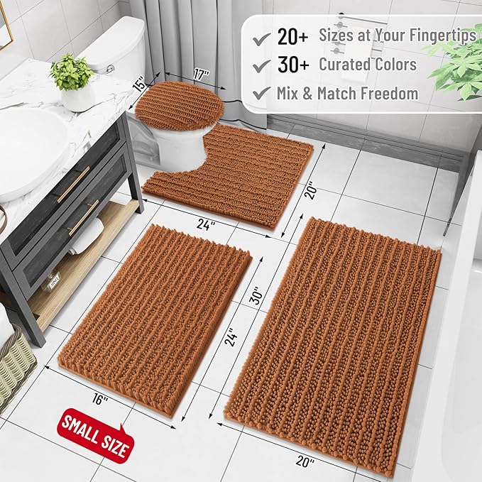 Arotive Luxury Chenille Bathroom Rug Mat, Extra Soft Thick Absorbent Shaggy Bath Rugs, Non-Slip Machine Wash Dry, Plush Bath Mats for Bathroom, Shower and Tub, 34x21, Clay