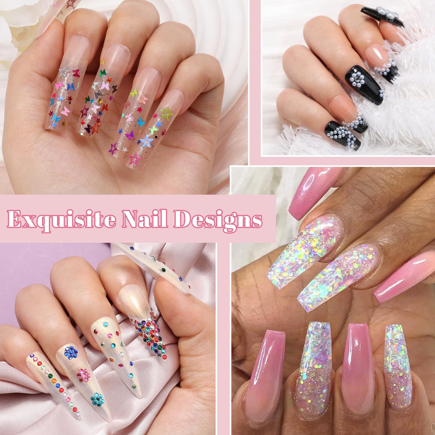 Kikonoke 10 Boxes Nail Art Kit - 12 Colors Pointed/Flatback Rhinestones, 3D Gold/Silver/Rose Nail Studs, White Beige Half Pearls, Holographic Glitter & Foils + 3 Tools for DIY Nail Art Jewels & Crafts