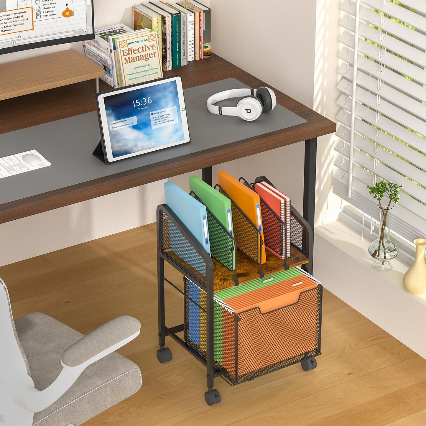 Tiaoheka Rolling File Cabinet with Adjustable Dividers, Vertical Filing Cabinet with Storage Drawer on Lockable Wheels, Hanging File Organizer Beside Under Desk for Office, Home（Patent Pending）