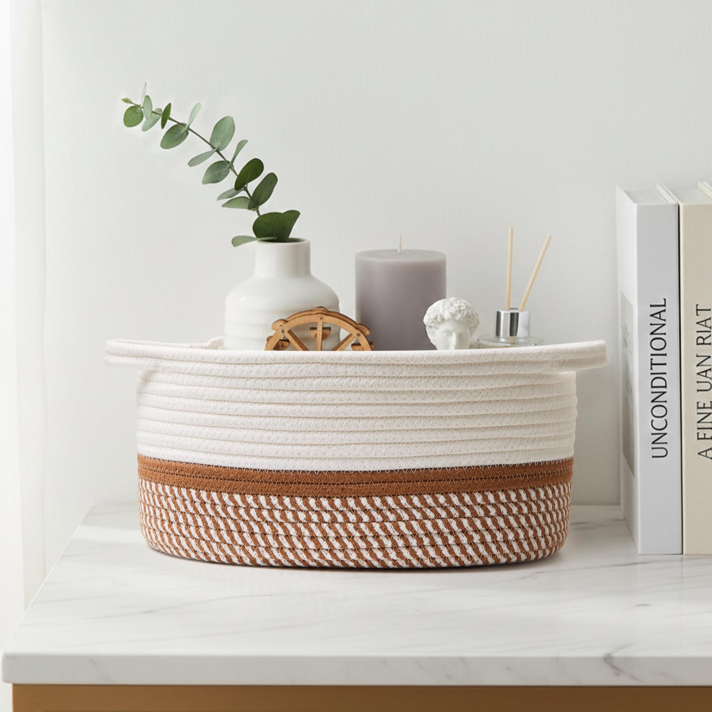 Pro Goleem Easter Woven Basket with Reinforced Handles - Baskets for Gifts Empty DIY Burr Basket Kit for Holiday, Baby Shower, Raffle - 13x8x6 Cotton Rope Storage Toy Bin (White & Brown)