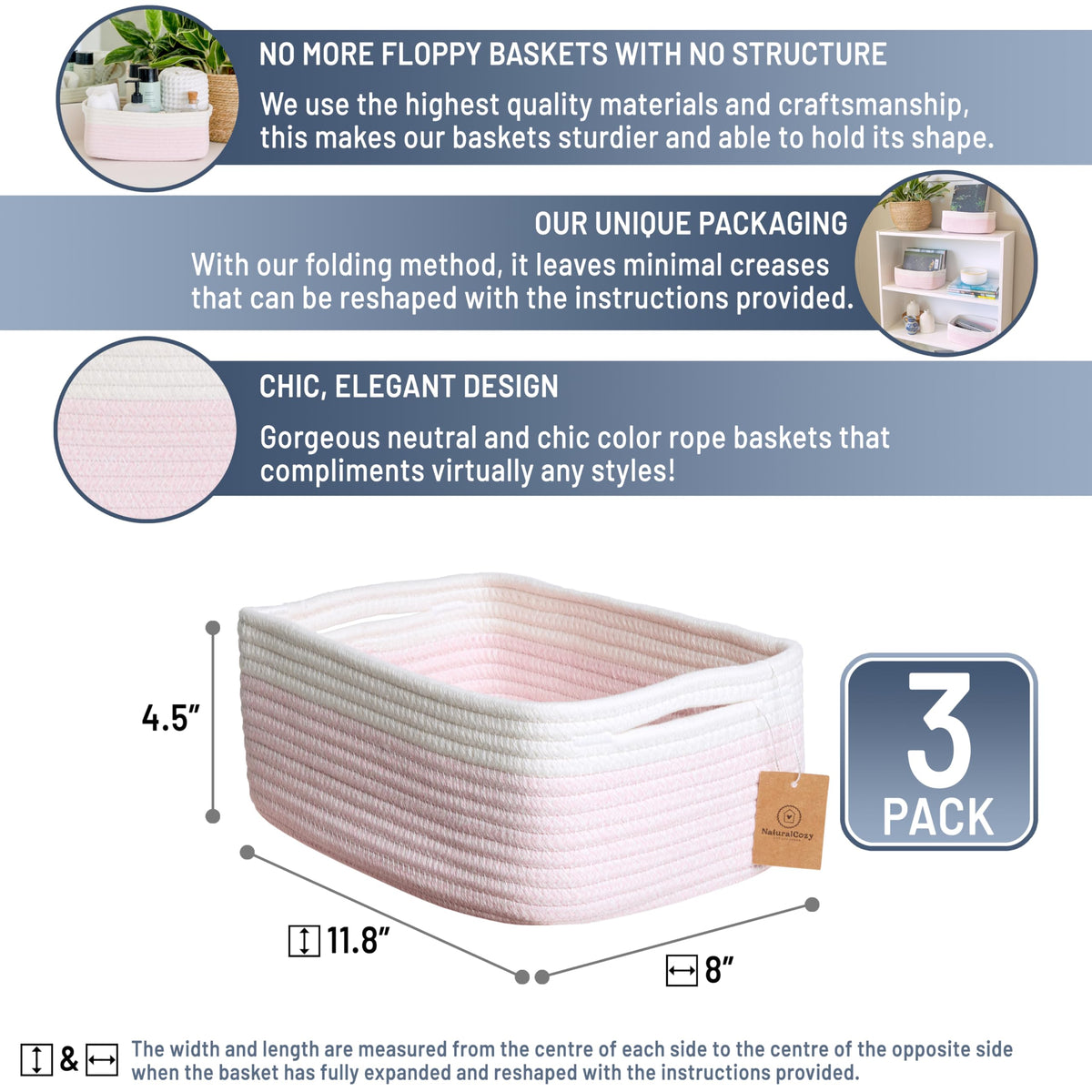 11.8"x8"x4.5” Rectangle Storage Baskets for Shelves 3 Pack (3 Count)
