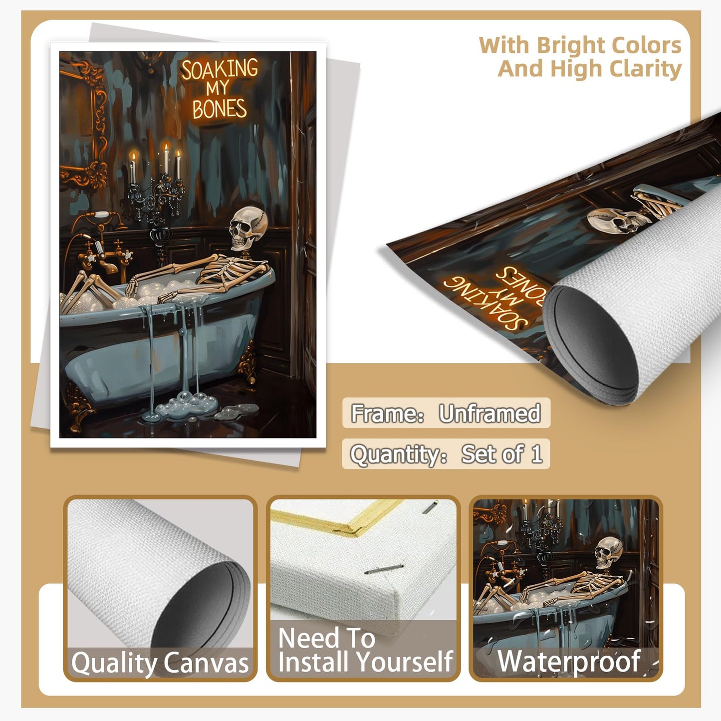 Soaking My Bones Wall Art Horror Halloween Decor Skeleton Bathtub Poster Moody Print Dark Academia Canvas Spooky Gothic Artwork Victorian Painting Bathroom Living 16x24inch Unframed