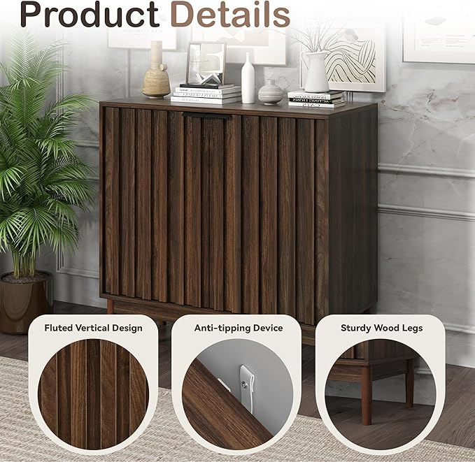 Fluted Cabinet with Storage, Buffet Cabinet Sideborad with Door, Kitchen Buffet Storage Accent Cabinets with Adjustable Shelves for Living Room, Entry, Hallway, Brown, Walnut
