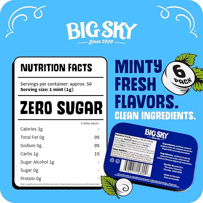 Big Sky Sugar Free Peppermint Mints - 50 Count Tin (Pack of 6) | Kosher Certified, Vegan Peppermint Candy | Aspartame & Gluten Free | Natural Breath Mints for Travel & Sharing, Long Lasting Freshness