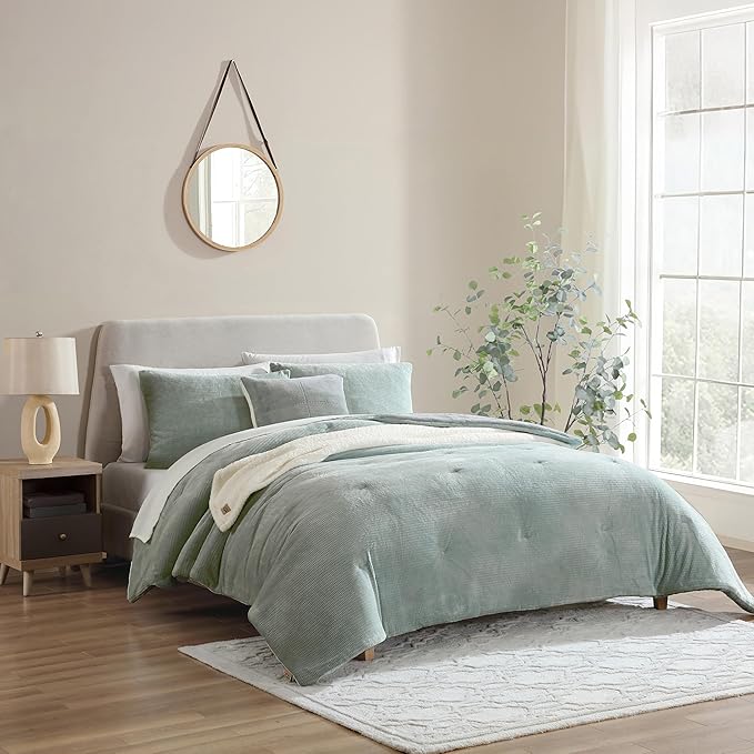 UGG Remina Comforter Set 5 Piece Bed in a Bag with Throw Blanket, Decorative Pillow, Shams, and Reversible Comforter Hypoallergenic Washable Luxury Fluffy Bedding Set, King, Blue Green Clear Creek