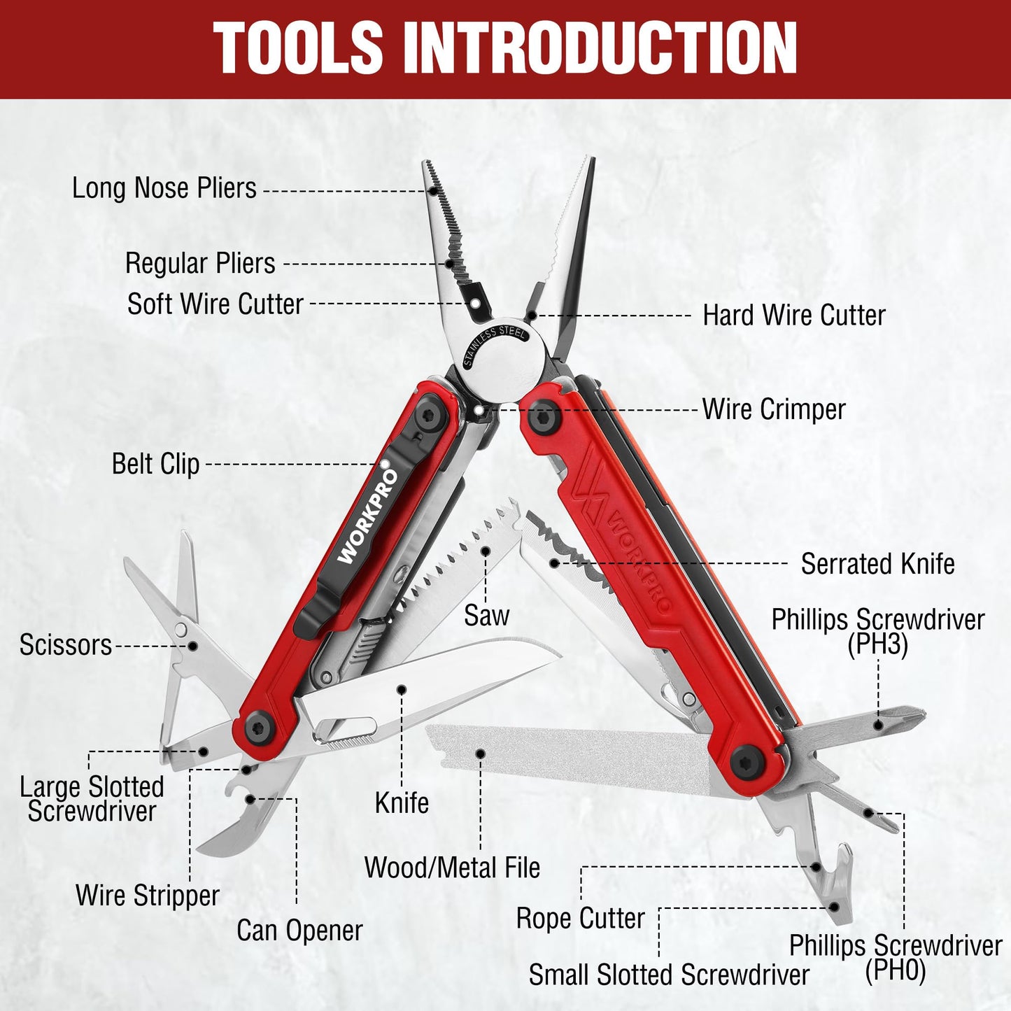 WORKPRO 18-in-1 Multi Tool Pliers, Stainless Steel EDC Multitool with Pocket Knife, 2 Safety Locks, Belt Clip and Oxford Pouch, Multipurpose Utility Multiuse Tool for Outdoor Activities