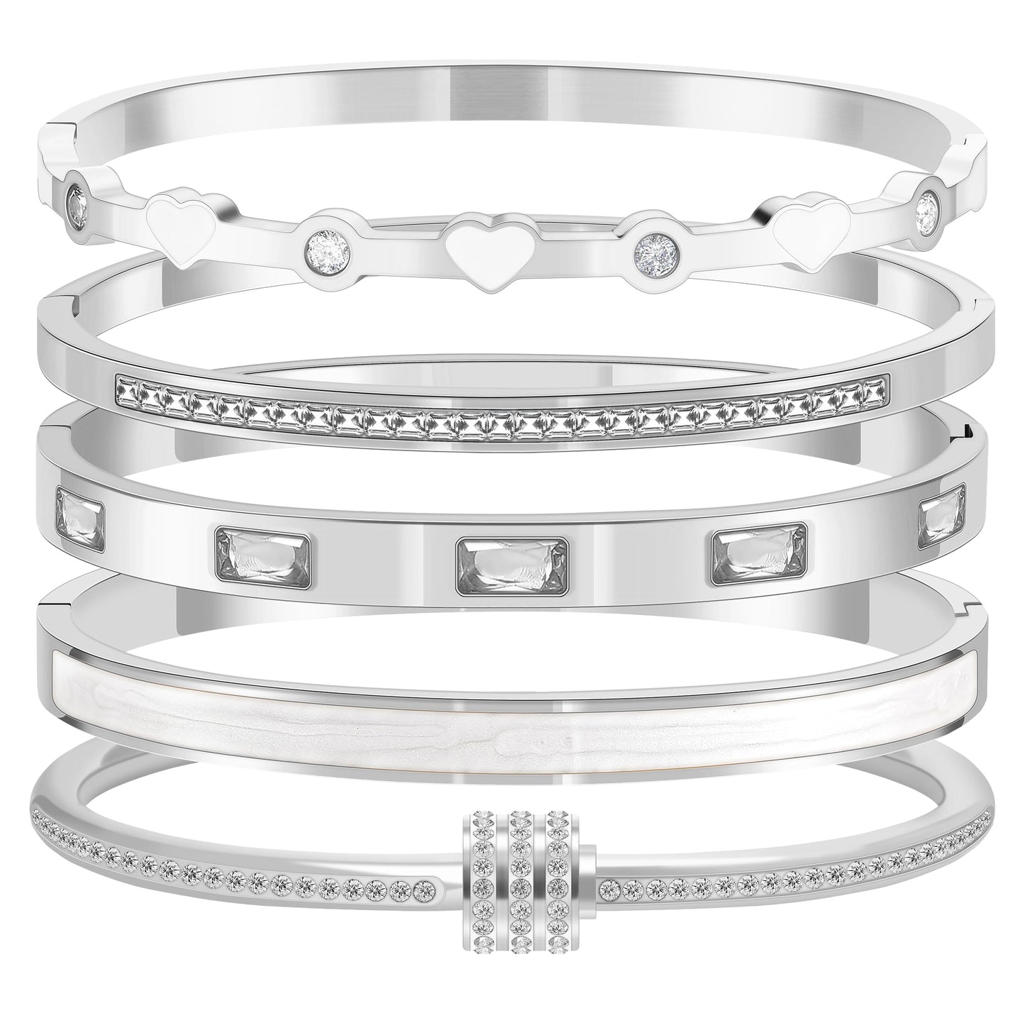 Camhanno 5-Piece Stackable Silver Bangle Bracelet Set for Women - Stainless Steel with Pink Crystal Friendship & Love Heart Bracelet Jewelry Gift for Her (Silver+White)