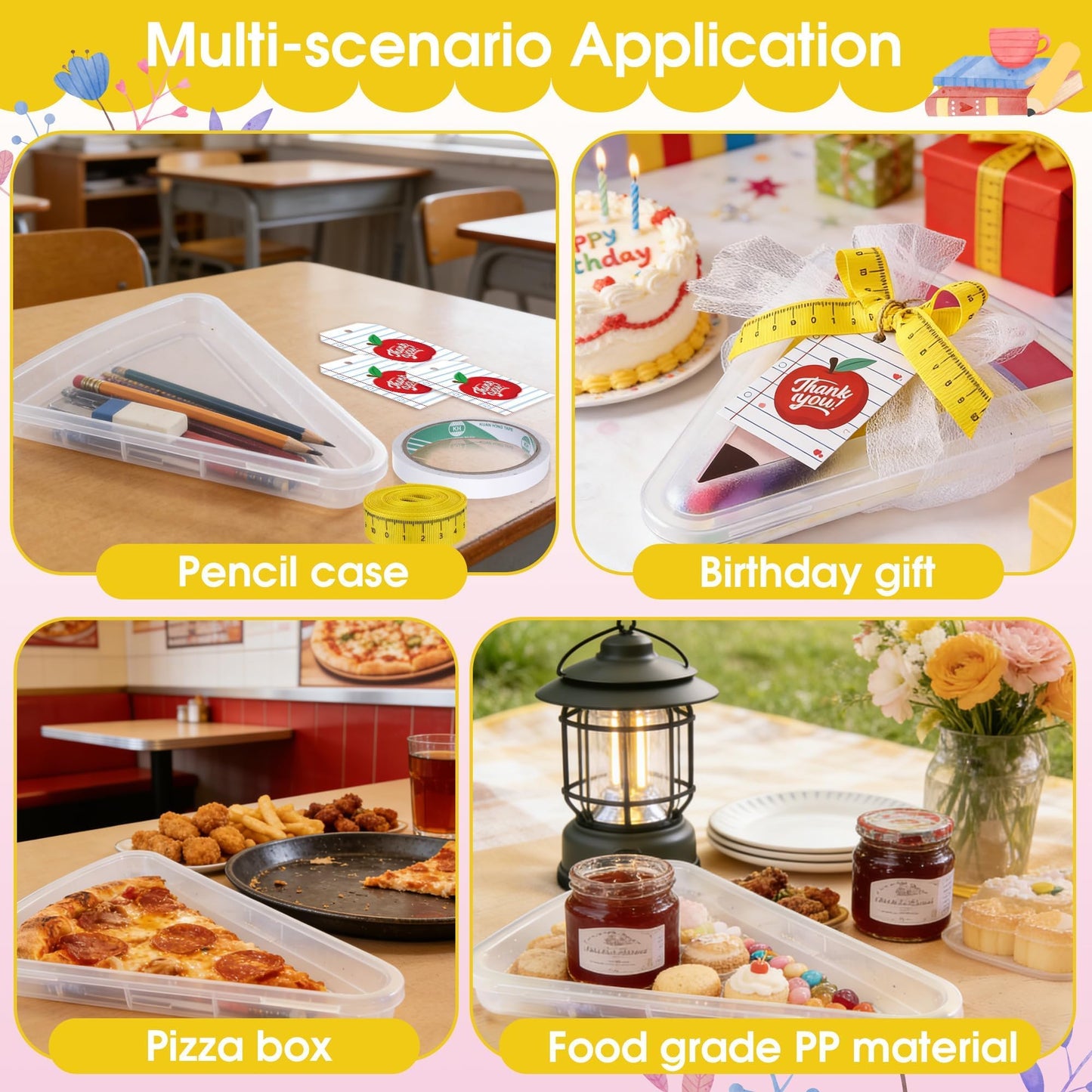 6 Set 9.05*7.28 in Large Teacher Appreciation Gifts Box with Apple Cards Ruler Ribbon Mesh, Reusable Pizza Storage Containers with Lids, Pencil Shaped Gift Box for Wrapping Teacher Appreciation