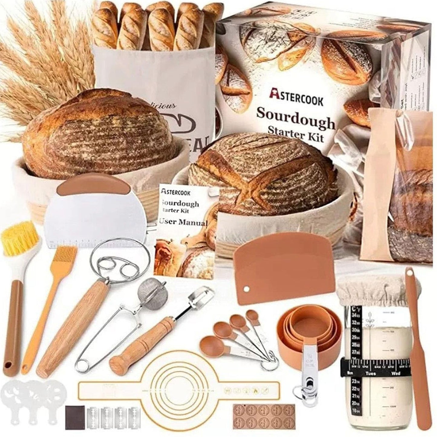 Beginner Sourdough Starter Kit - 9" Round & 10" Oval Banneton Proofing Baskets with Glass Starter Jar, Bread Sling, Dough Scrapers, Cooling Rack - Complete Homemade Baking Gift Set