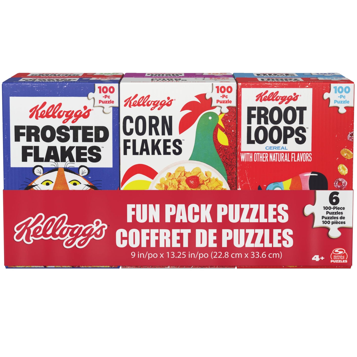 Spin Master Games, Kellogg's Cereal 100-Piece Puzzles 6-Pack, Square Cereal Boxes Puzzle Gift Set, Froot Loops, Rice Krispies, Raisin Bran, Corn Flakes, Frosted Flakes, Honey Smacks for Ages 4 & Up