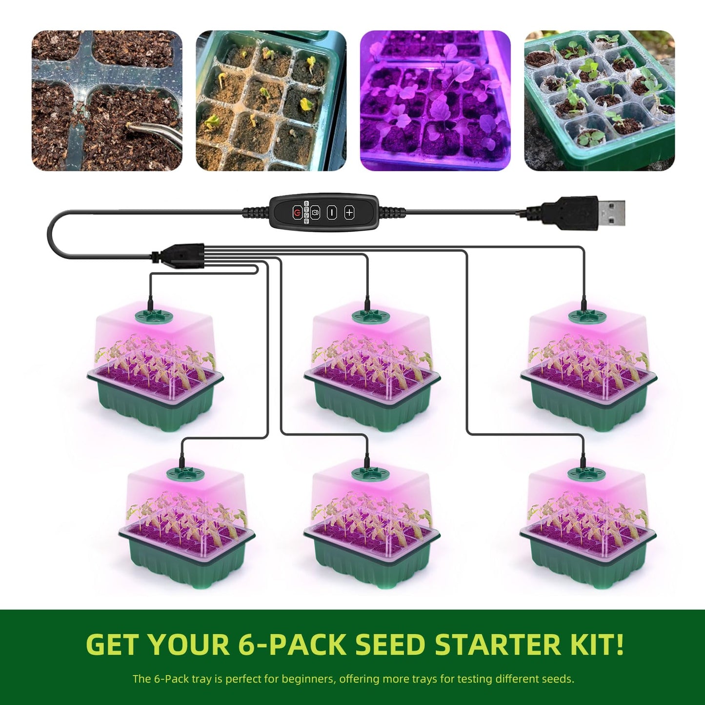 PilavAloo Seed Starter Tray with Grow Light, 6-Pack 72 Cell Seed Starter Trays, Germination Tray with Humidity Dome, Timing, Adjustable Brightness for Starting Vegetable, Flower, Indoor Herb Garden