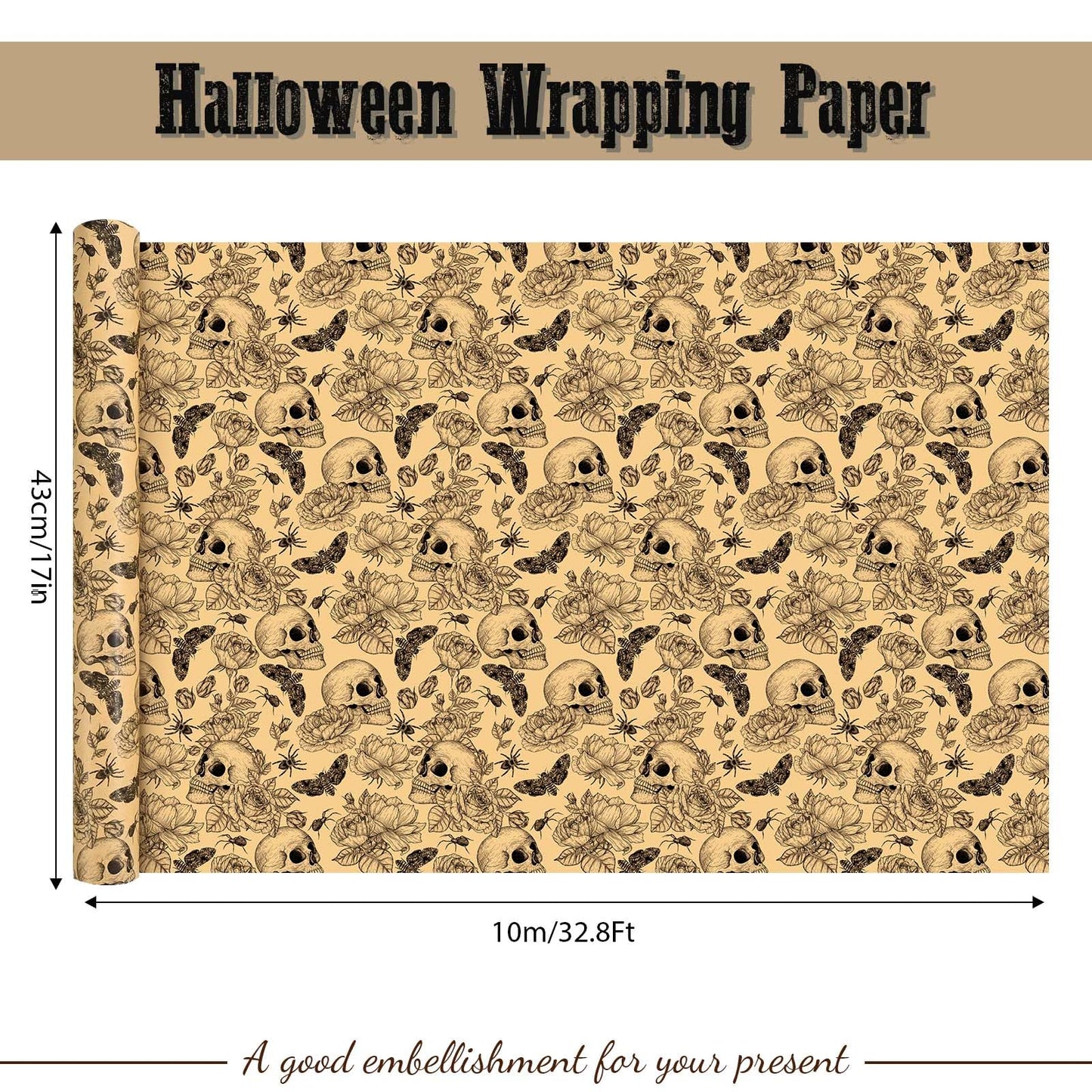 Bolsome Kraft Skull Wrapping Paper Goth Rose Skull Patterned Gift Wrap Paper Roll for Halloween Party Baby Shower Birthday Party Packaging Supplies, 17 Inches × 33Ft