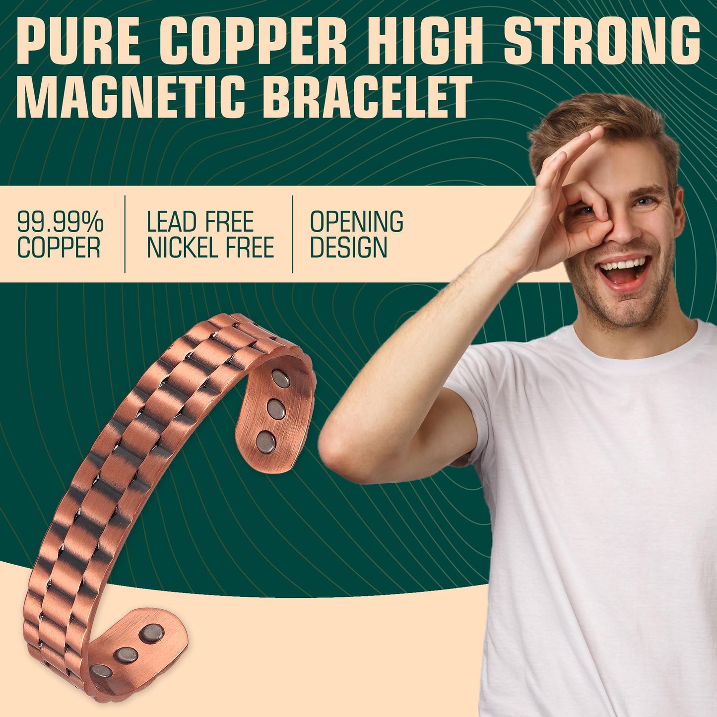 FASCIO Pure Copper Bracelet for Men Women with Healing Magnets,Adjustable Size Bangles with box