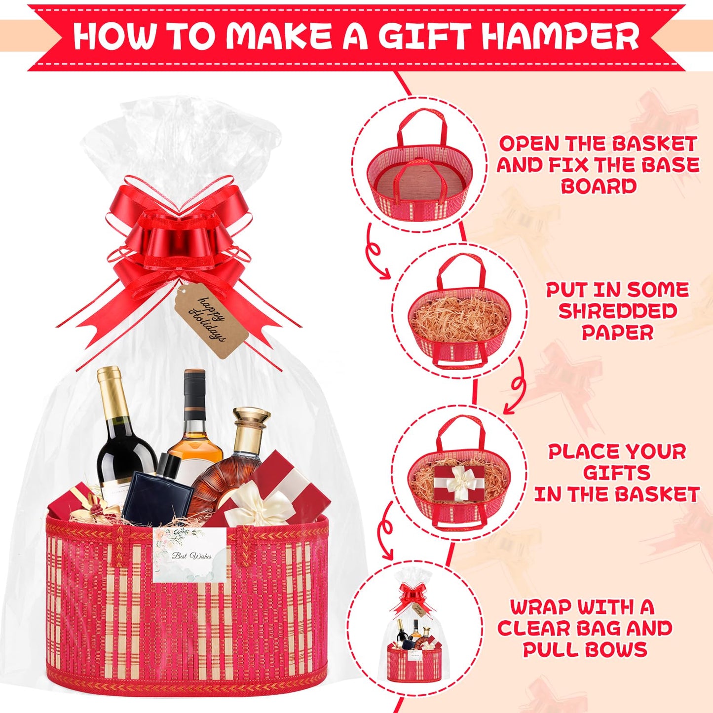 SelfTek 3 Pack Baskets for Gifts Empty, Woven Bamboo G-ift Basket Kit with Wrap Bags, Gift Card, Raffia and Pull Bows, Gifts Baskets for Birthday, Wedding, 30 x 20 x 15 cm-Red