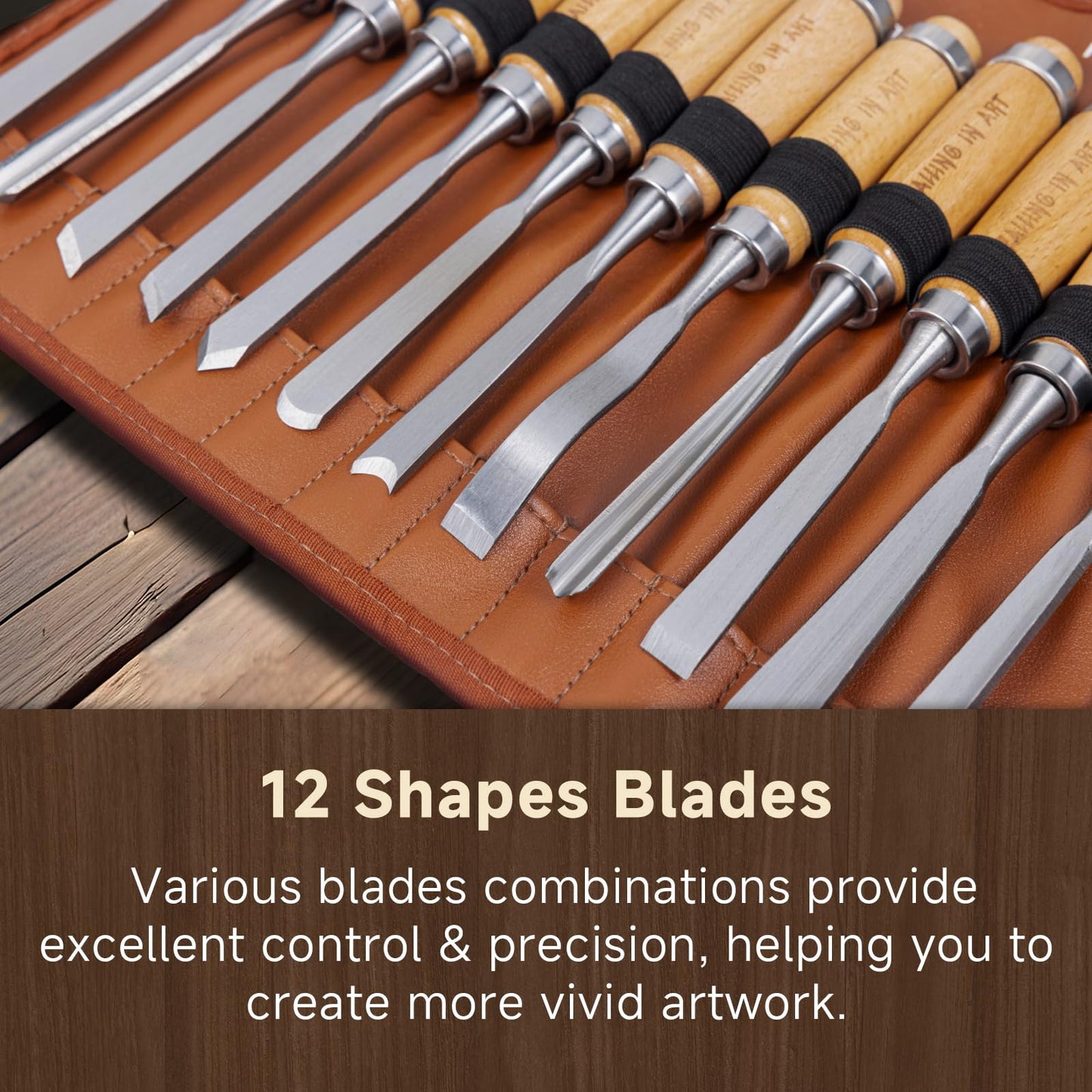 Falling in Art 12Pcs Wooden Carving Chisel Set, Woodworking Tools Set with a Leather Pouch, Full Size Knife Gouge Kit for Carving Projects, Ideal for Beginners and Professionals