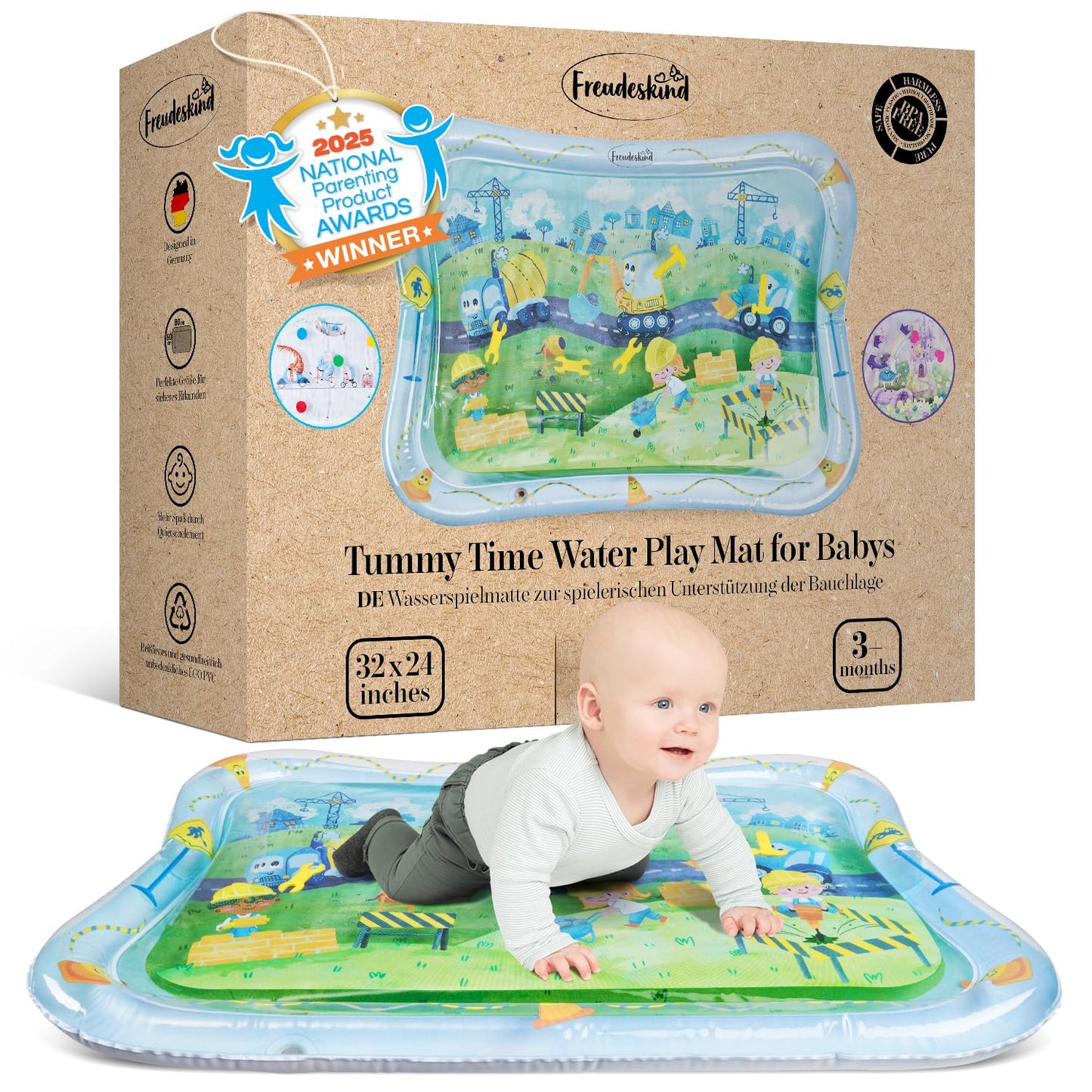 Tummy Time Water Mat for Babies – XXL Sensory Baby Water Play Mat – Award-Winning Infant Activity Mat for Motor Development – Premium, Baby-Safe Water Tummy Time Mat – Construction Site