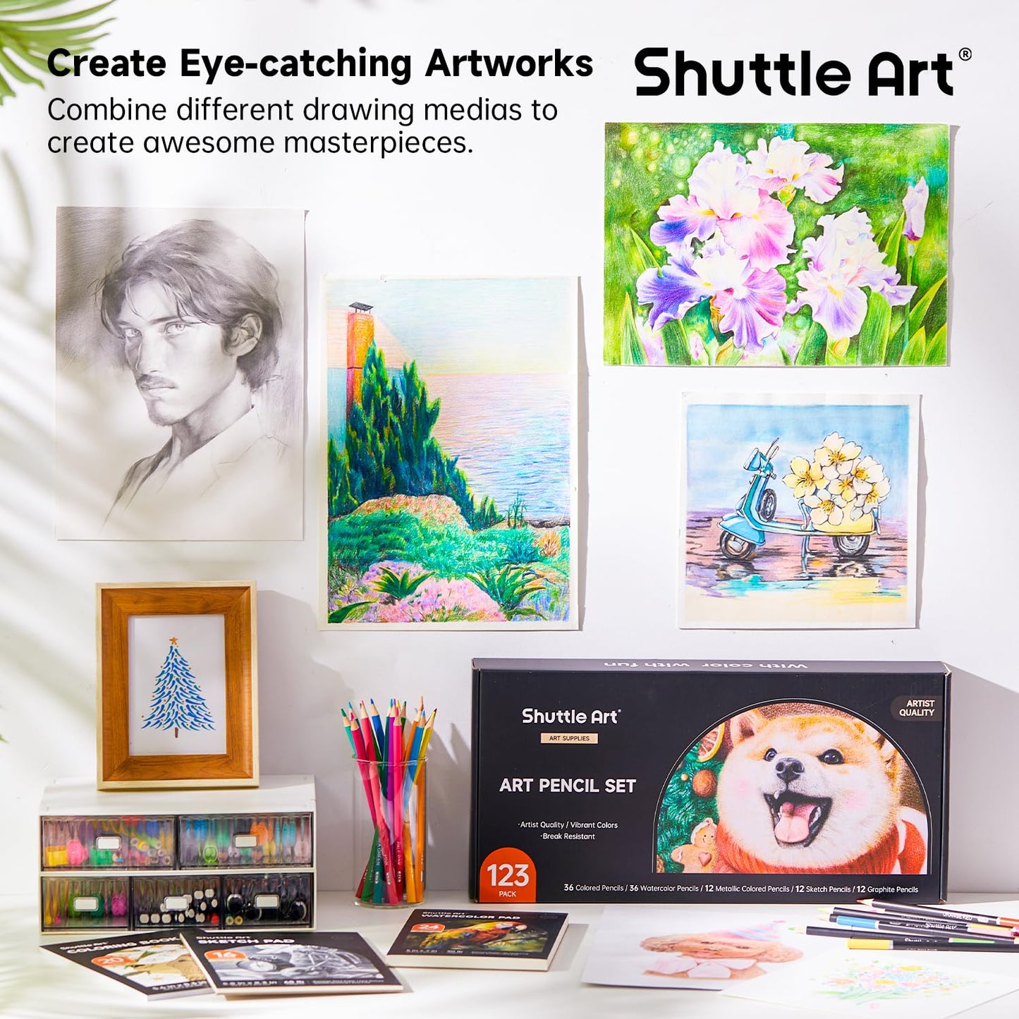 Shuttle Art Professional Drawing Kit, 123 Pieces of Drawing Pencils Set Includes Colouring Pencils, Watercolor, Charcoal, Graphite and Sketch, Ideal for Adults Children Artists