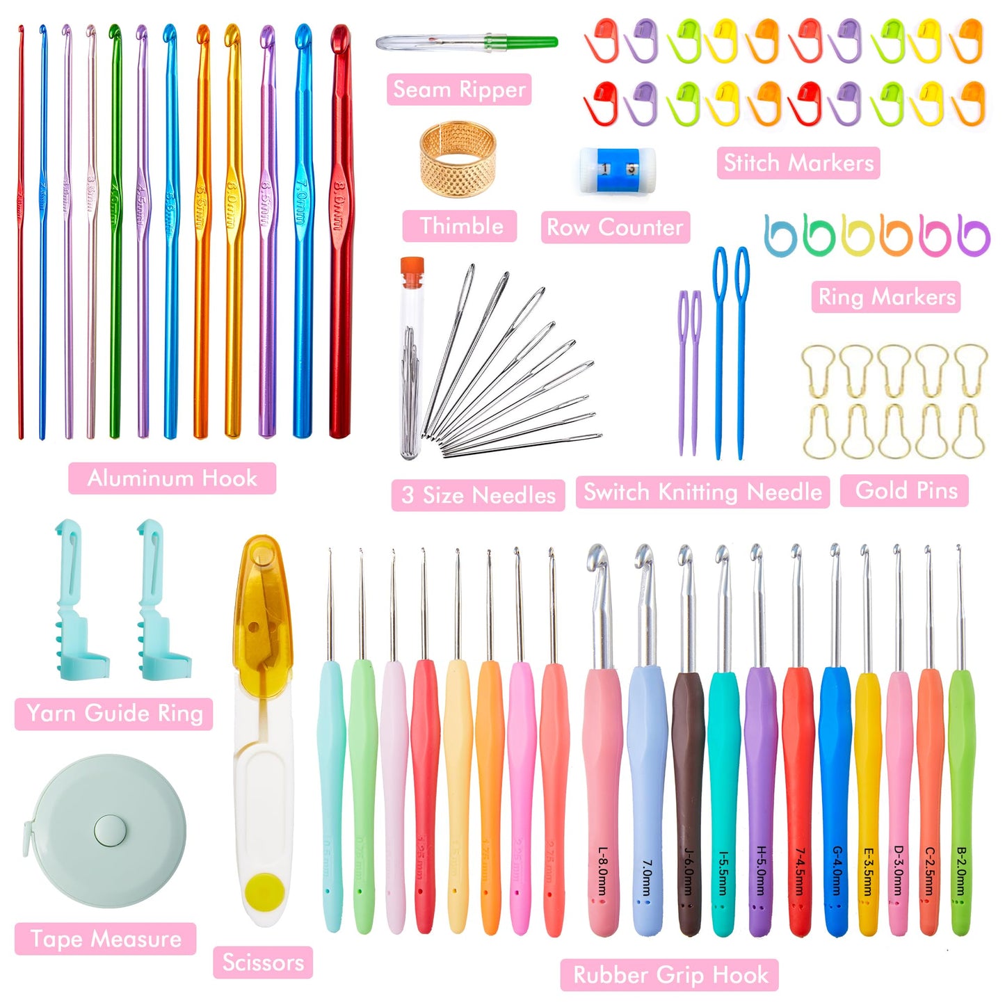 INSCRAFT 87 Pcs Crochet Hook Set, 19 Sizes 0.5mm-8mm(L), Ergonomic Soft Grip Handles Crochet Needles Kit with Case for Arthritic Hands, Crochet Starter Kit for Beginners Knitting Yarn Lovers