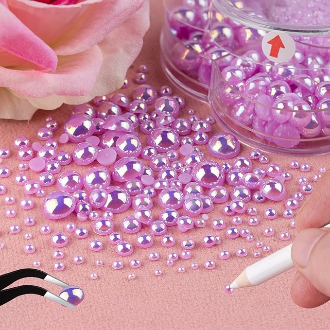 Nail Art Flat Back Half Round Pearl Kits 32, 1 Box of 6000 Pcs Flat-Back Light Purple AB Pearl with Tweezer and Picker Pencil for Home DIY Nails Body Face Craft and Salon Use
