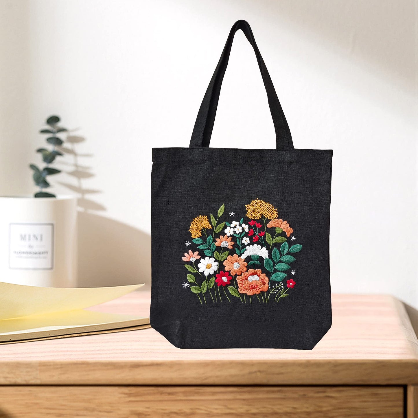 MAMUNU Canvas Tote Bag Embroidery Kit with Pattern for Beginners, Arts and DIY Crafts Kits for Adults, Include Instructions Embroidery Bag, Embroidery Hoops, Color Threads and Tool (Black)