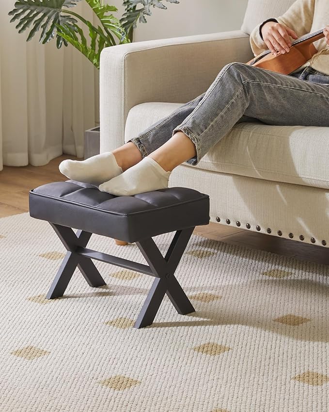 IBUYKE Small 12" H Footrest Stool, Square PU Foot Stool with Metal X-Leg, Multi-Use as Small Side Table, Step Stool for Living Room, Bedroom, Entryway, Office, Black WBD012B