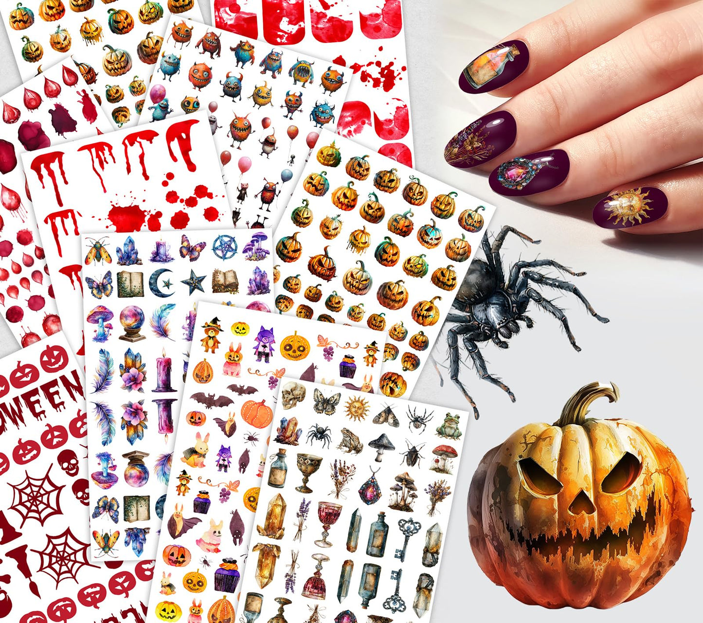 Nail Decals [10 Sheets] Halloween Spooky Nail Stickers Set Pumpkins Blood Drips Potions Bats Insects Mystical Symbols Dark Themed Variety Eerie Playful Designs for Bold Dramatic Manicure Style Witch