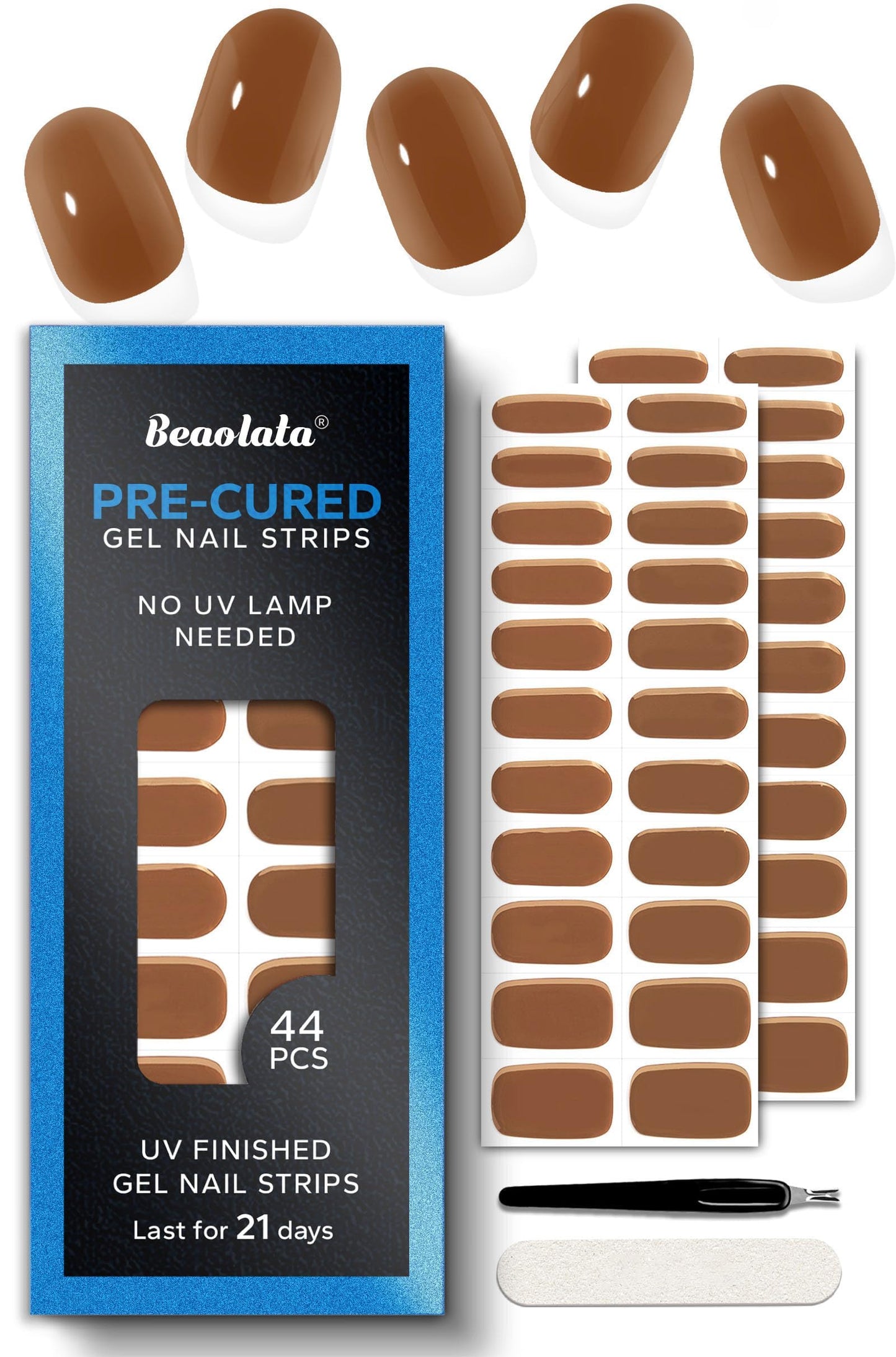 Beaolata Real Gel Nail Strips (No UV Light Needed) - 44Pcs Salon Quality Nail Stickers - Long Lasting Polish Wraps for Women, Easy Apply & Remove (Forest Mist Green)