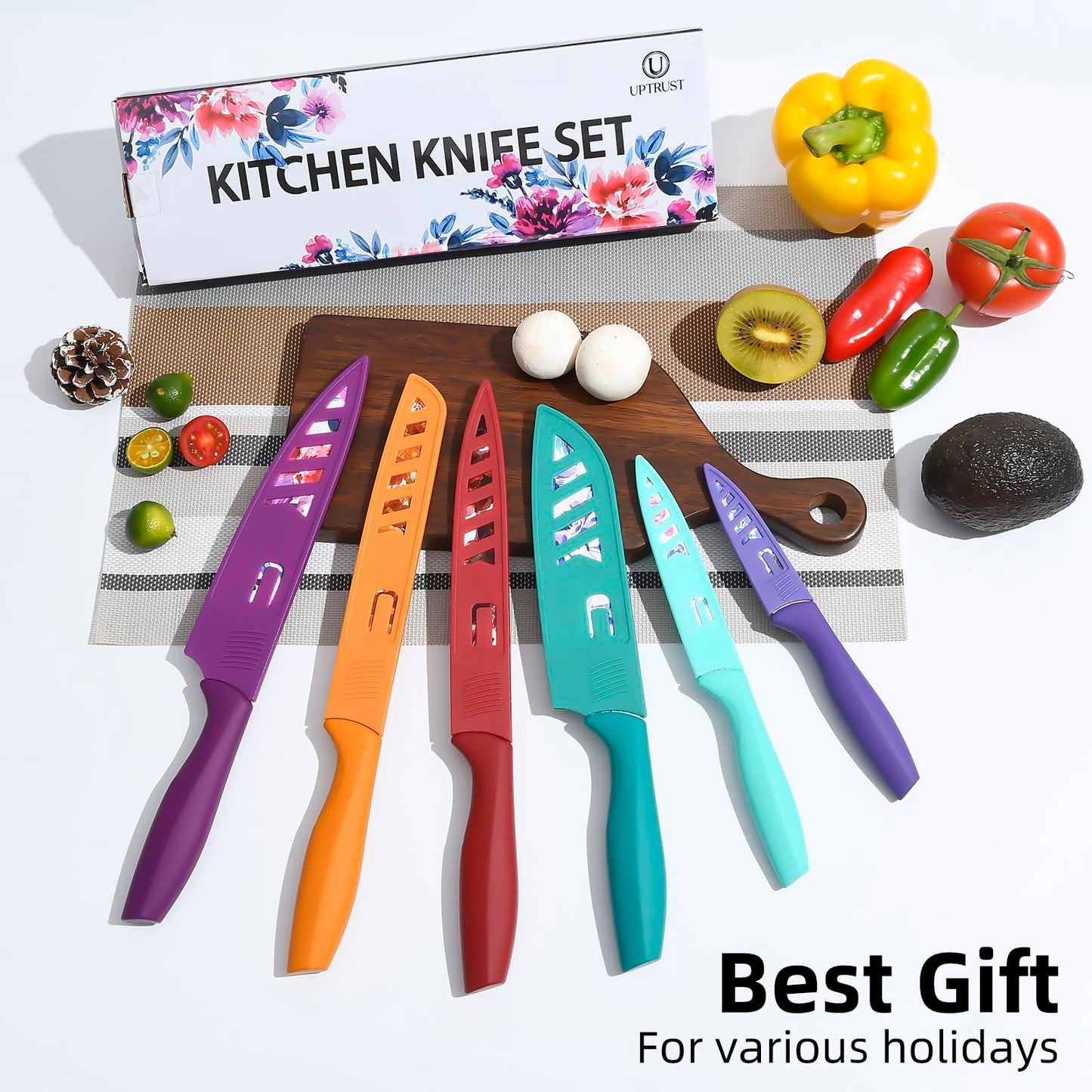UPTRUST Knife Set, 12-piece Kitchen Knife Set Nonstick Coated, Professional Kitchen Cutlery Set for Chef, Cooking, Camping, Outdoor, Gift for Mom