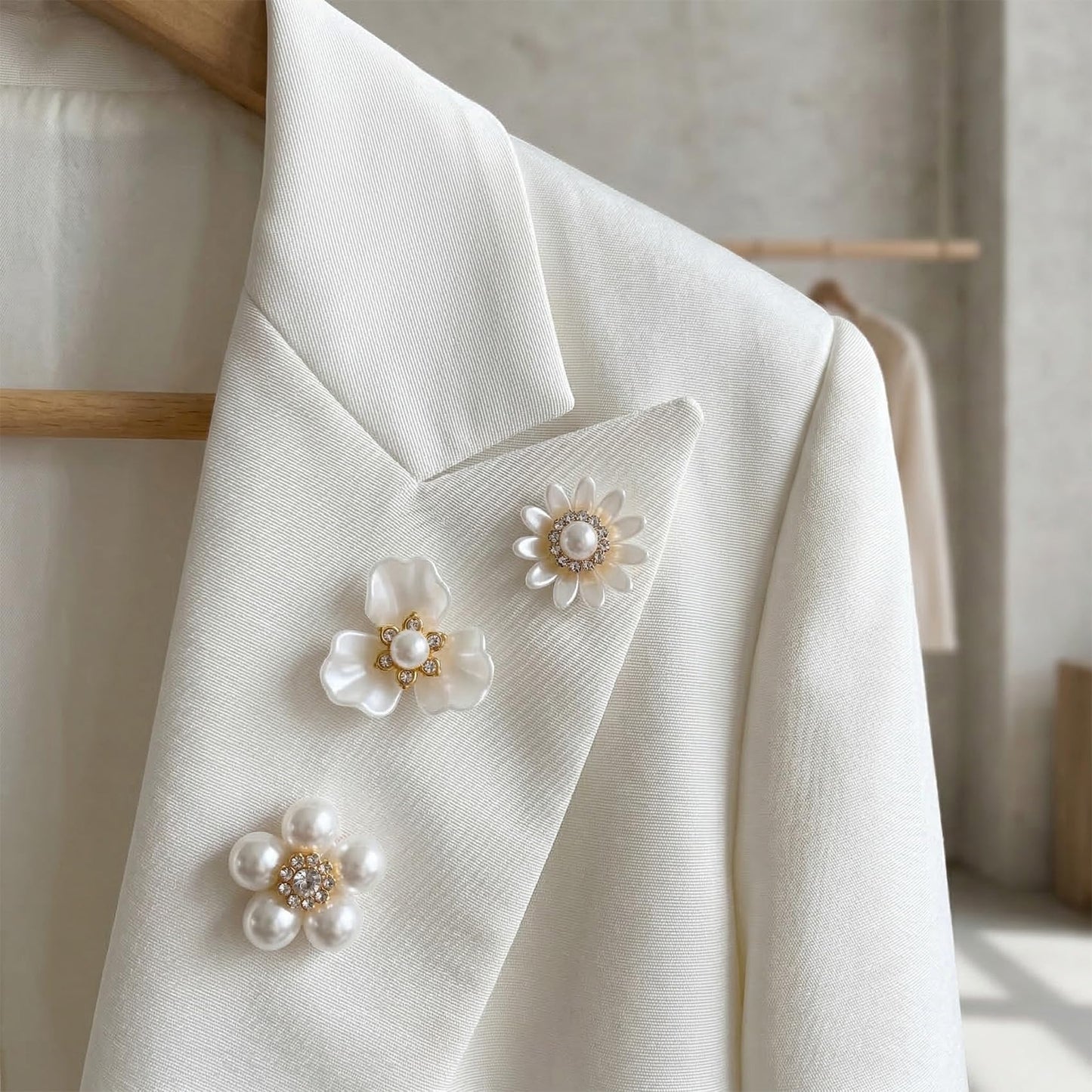 Hzopcw 28pcs Flower Pearl Rhinestone Buttons, Sparkly Rhinestone Sequins Buttons, Faux Pearl Embellishments Accessories for Wedding Party- White