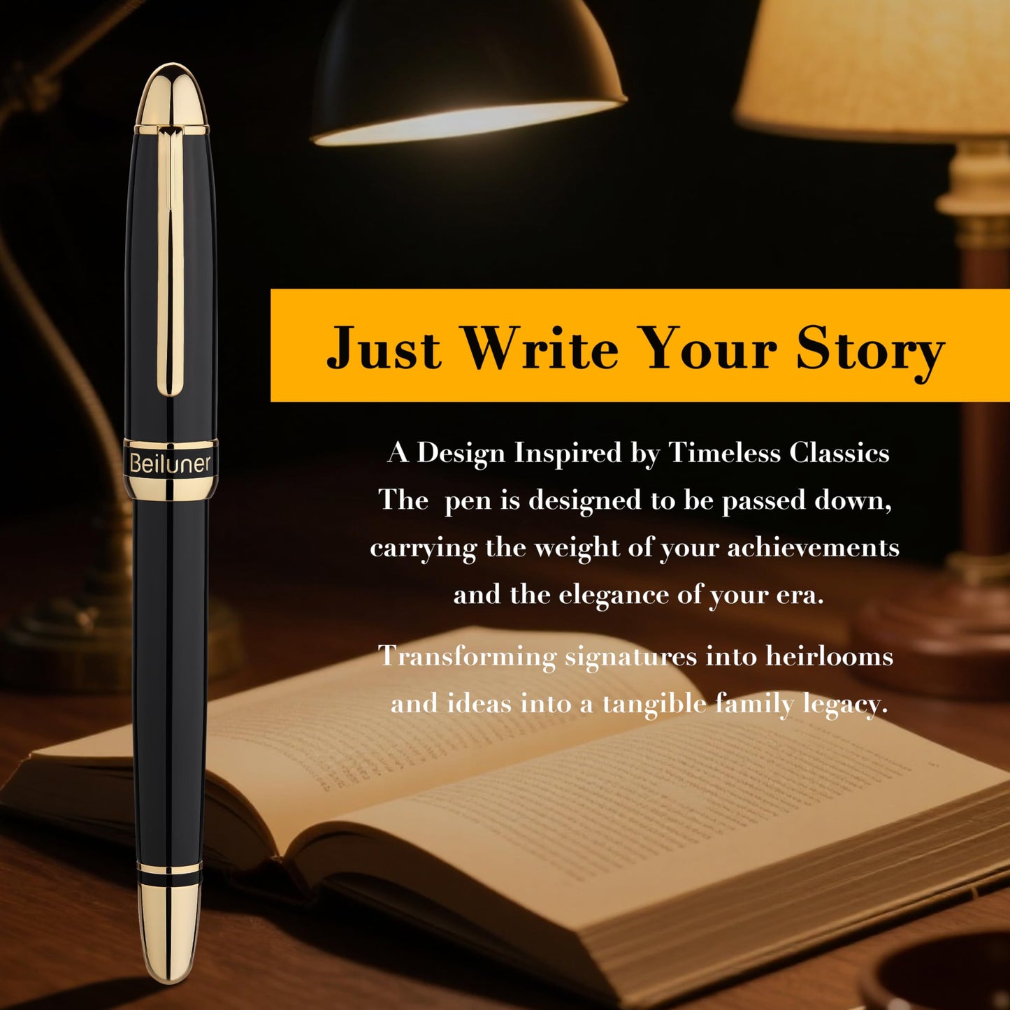 BEILUNER 315 Black Fountain Pen,Stunning Luxury Pens with 24K Gold Accents, Gorgeous 24K Gilded Nib(Fine), Ink Converter,Fancy Pen Gift for Men&Women-Elegant, Office, Graduation, Nice Design