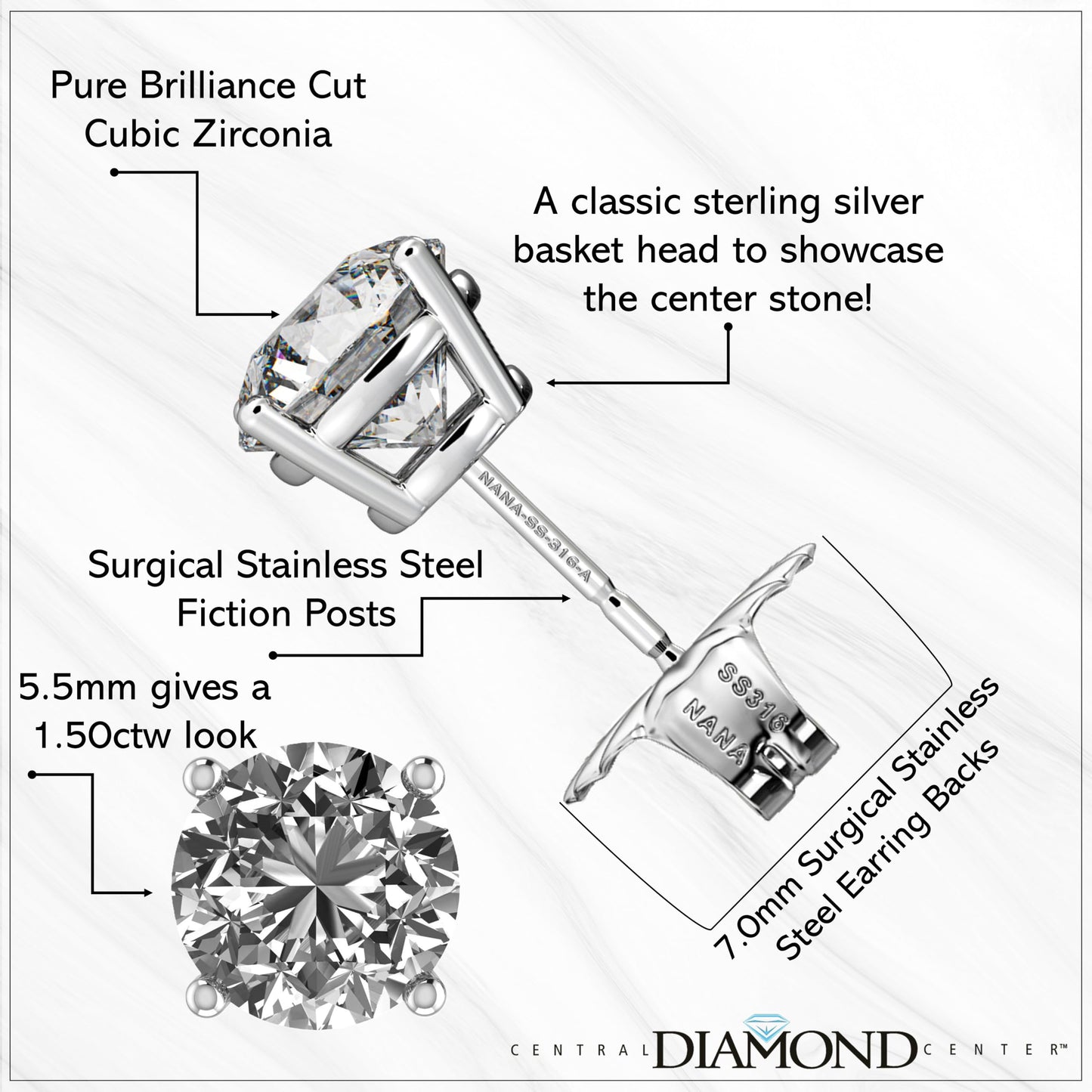 Central Diamond Center Round Simulated Diamond Stud Earrings Hypoallergenic Metal & Sterling Silver CZ - 5.50mm (1.50cttw) Yellow