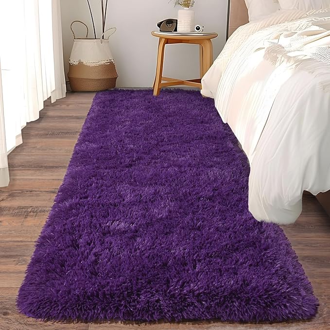Fluffy Shag Runner Rugs for Bedroom Hallways, 2x8 Purple Long Soft Throw Area Rug Non Slip for Bedside Dorm, Shaggy Furry Carpet for Nursery Living Room Home Decor