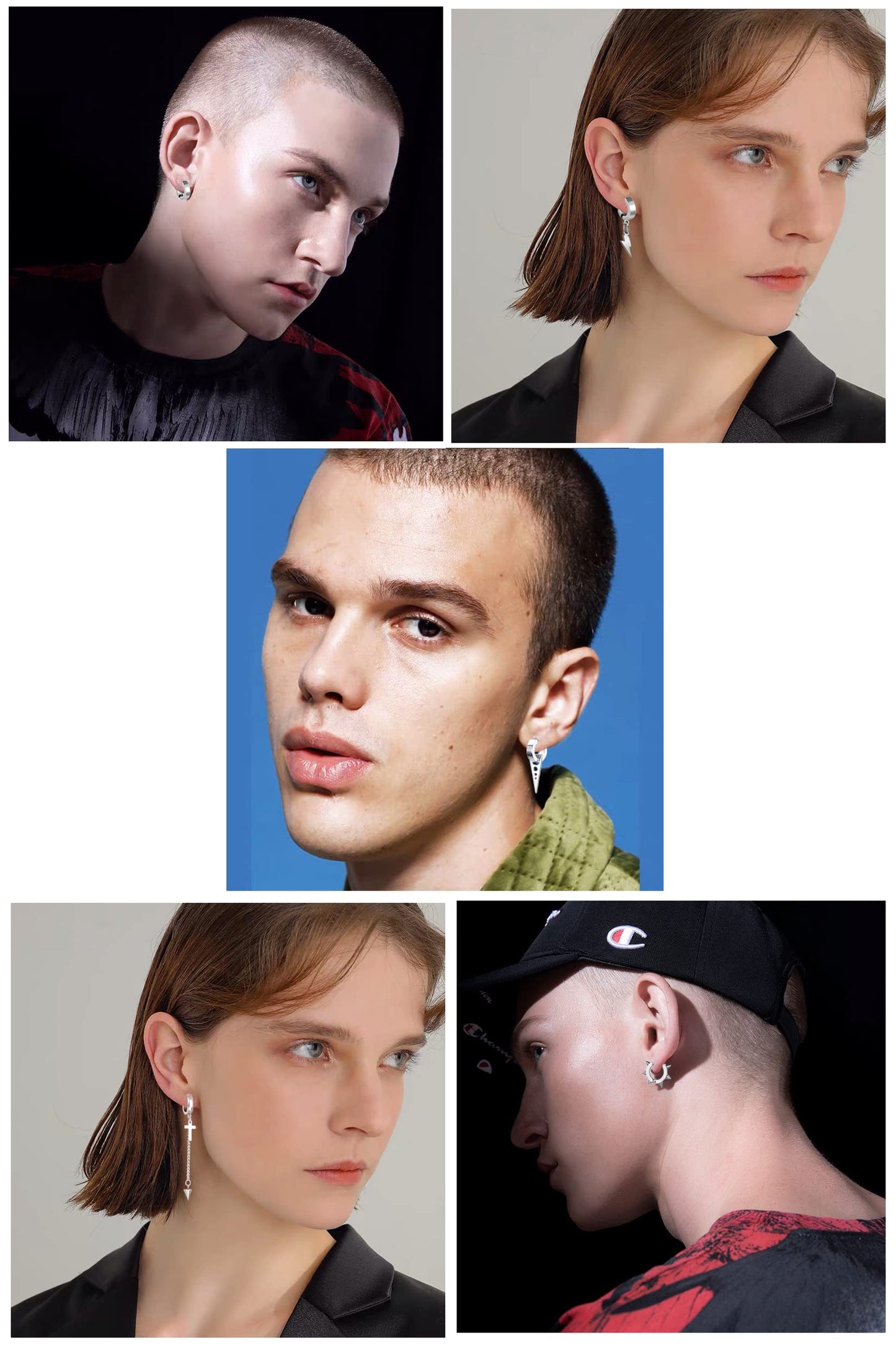 14 Pcs Silver Punk Stainless Steel Fake Piercing Spike Rivet Cross Triangle Dangle Tassel Clip on Hoop Earrings Set for Women Men, Non Pierced Fake Stud Earrings (Silver-Set A)