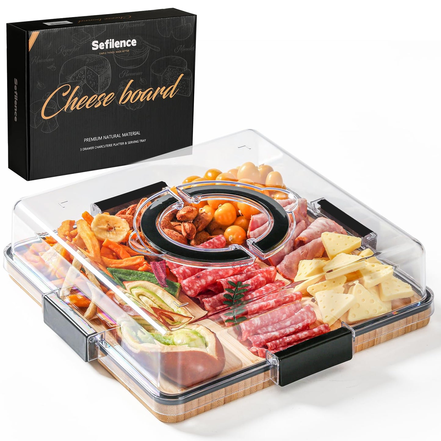 Charcuterie Board with Clear Locking Lid and Handle, 6 Compartment Bamboo Cheese Board Snackle Box, Portable Cutting Board for Snacks, Fruits&Meats, Ideal Gift for Parties, Birthday& House Warming