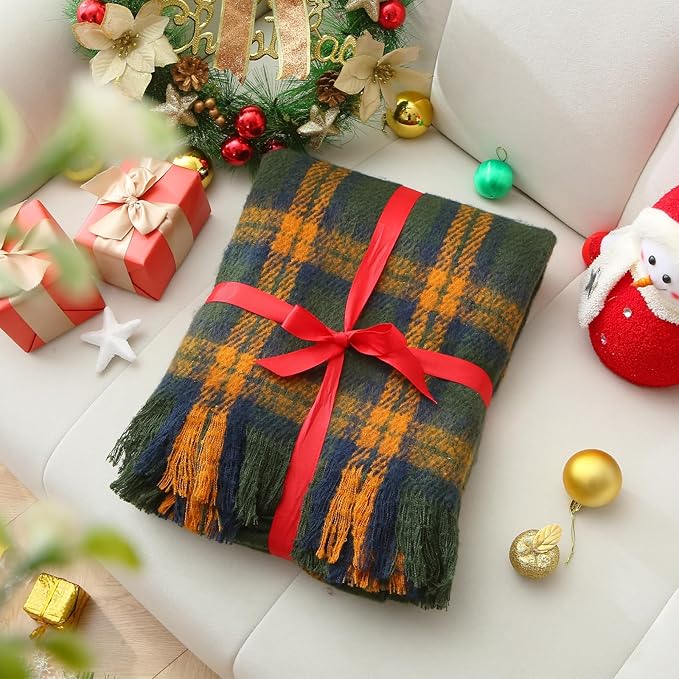 ZonLi Green Plaid Throw Blanket for Couch, Fall Throw Blanket for Home Decor, Soft Lightweight Cozy All Season Decorative Vintage Blankets with Tassel for Bed and Sofa, 50'' x 60''