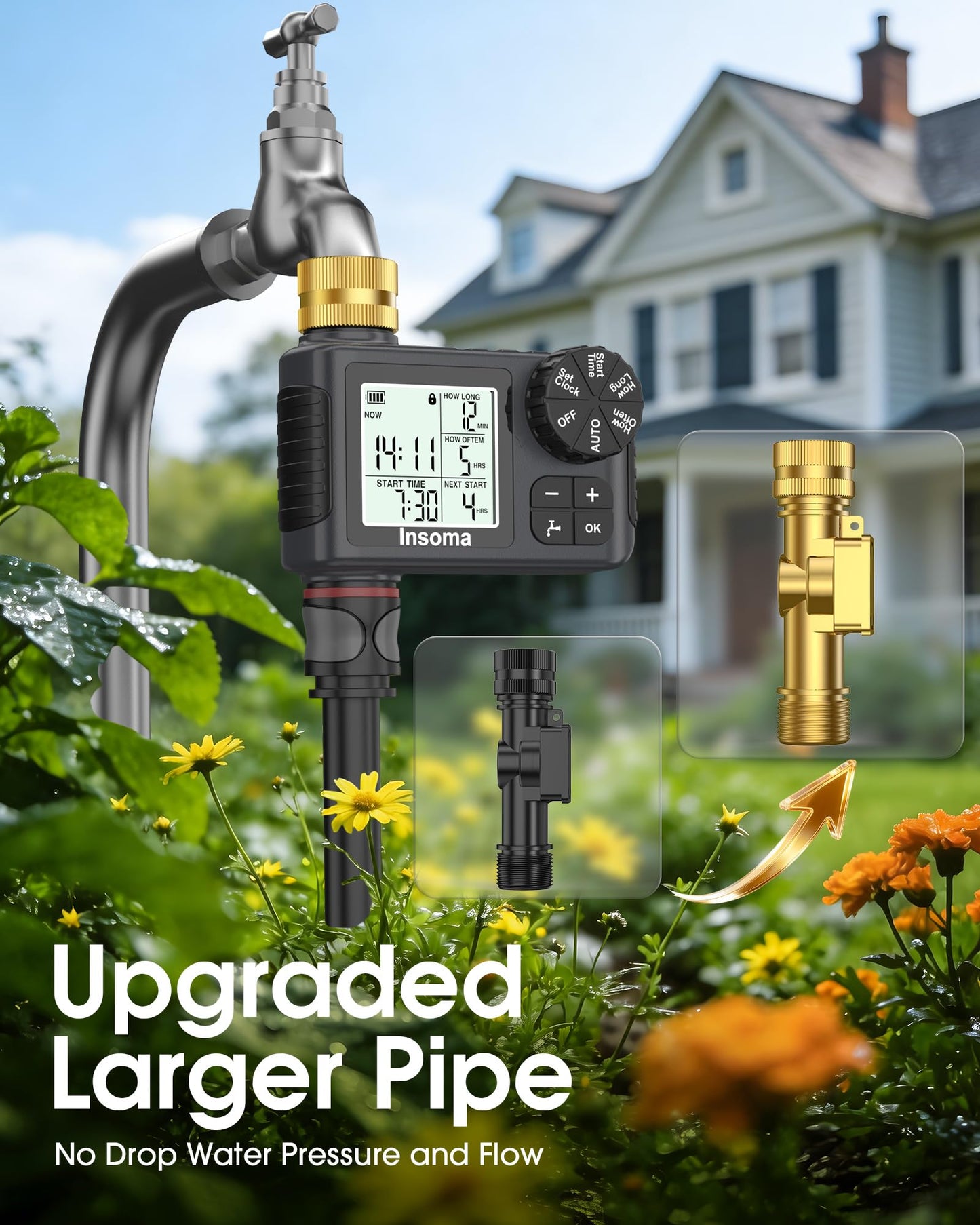 Water Timer for Garden Hose with 100% Metal Pipe, Programmable Sprinkler Controller for Garden Faucet with Auto/Manual/Rain Delay Mode, Irrigation Timers for Lawn, Yard, Outdoor Plants