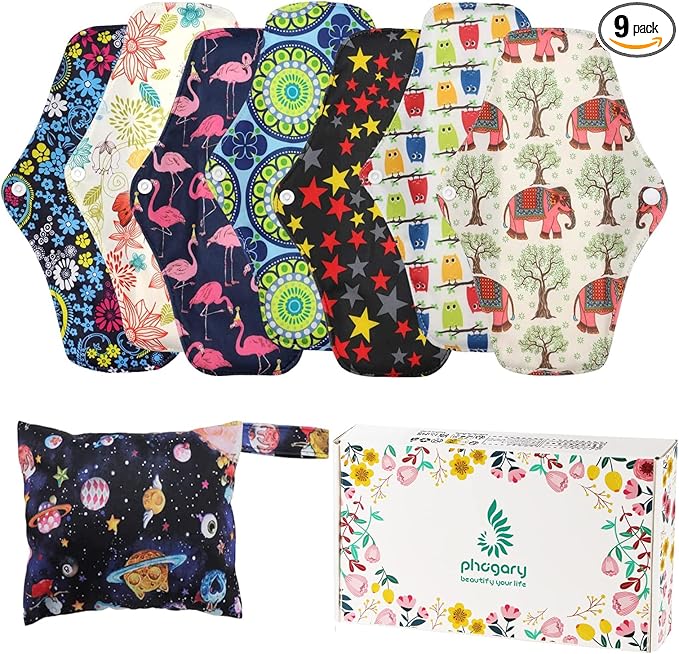 Reusable Menstrual Pads (7 in 1, 10in*7in), PHOGARY Bamboo Cloth Pad for Heavy Flow with Wet Bag, Large Sanitary Pads Set with Wings for Women, Washable Overnight Cloth Panty Liners Period Pad