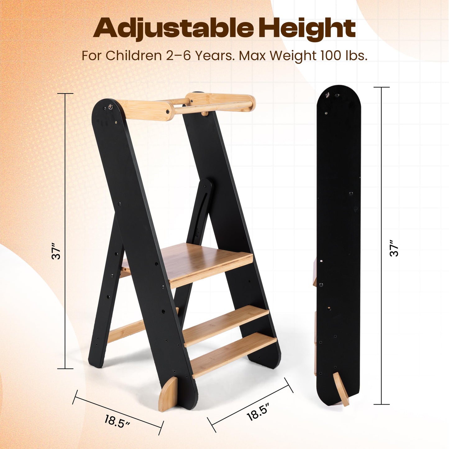 Adjustable Folding Toddler Tower, 3 Level Height Adjustable, Montessori Learning Stool, Kids Standing Tower for Kitchen and Bathroom.