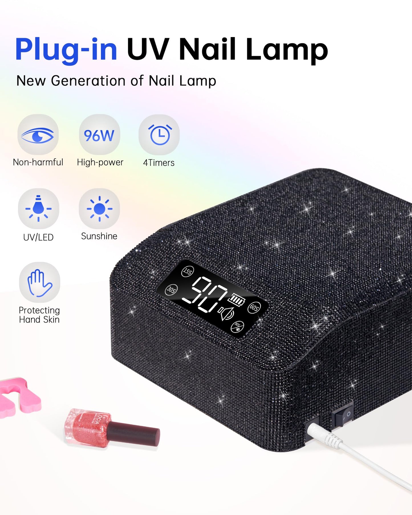 CHRISTINE SHELLY UV LED Nail Lamp 96W Nail Dryer Sparkly Gel Polish Light 4 Timer Setting Professional Quick Dry Curing Lamp with Display Auto Sensor for Salon & Home, Black