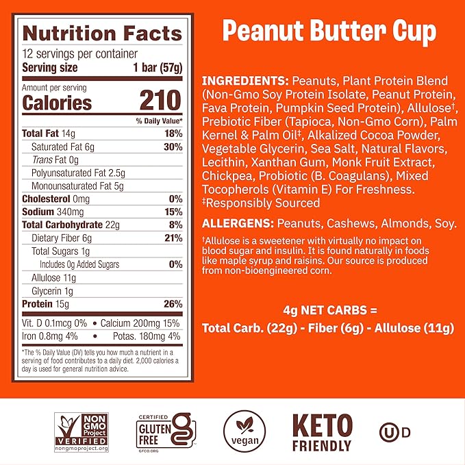 Munk Pack Peanut Butter Cup Probiotic Keto Protein Bars Stocking Stuffers | 15g Plant Protein, 1g Sugar, 4g Net Carbs | Non-GMO, Plant-Based, Low Sugar, Gluten-Free Snacks | 12 Count