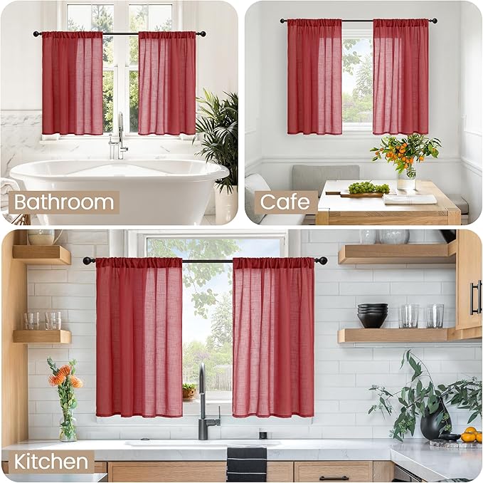 BGment Linen Curtains 36 Inch Length, Small Half Drapes with Rod Pocket for Cafe Kitchen Window Over Sink Lightweight, Burgundy, 2 Panels Set, Each 24 Inch Wide