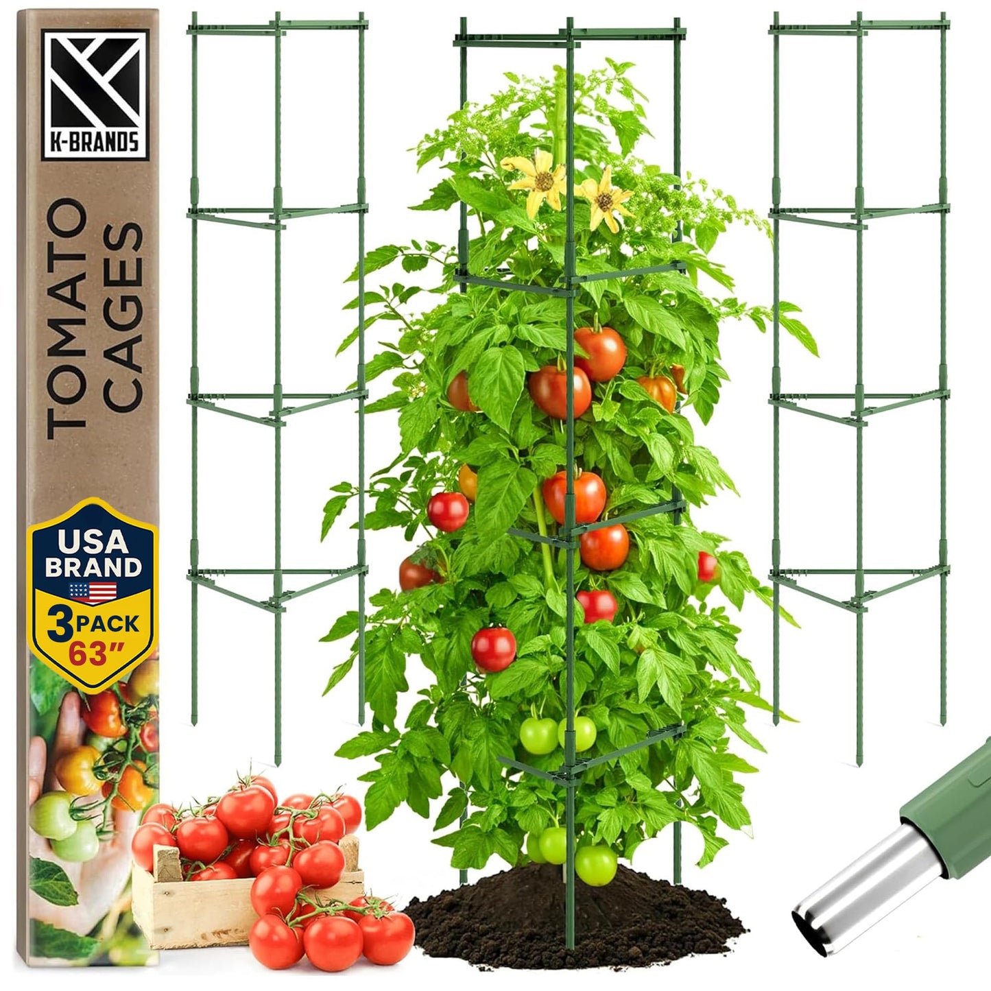 Tomato Cage Premium - Large Trellis Stakes and Plant Support Structures for Vegetables and Climbing Plants - Tall Tomato Cages for Garden, Pots, Raised Garden Bed Outdoor (3 Pack - Up to 63")