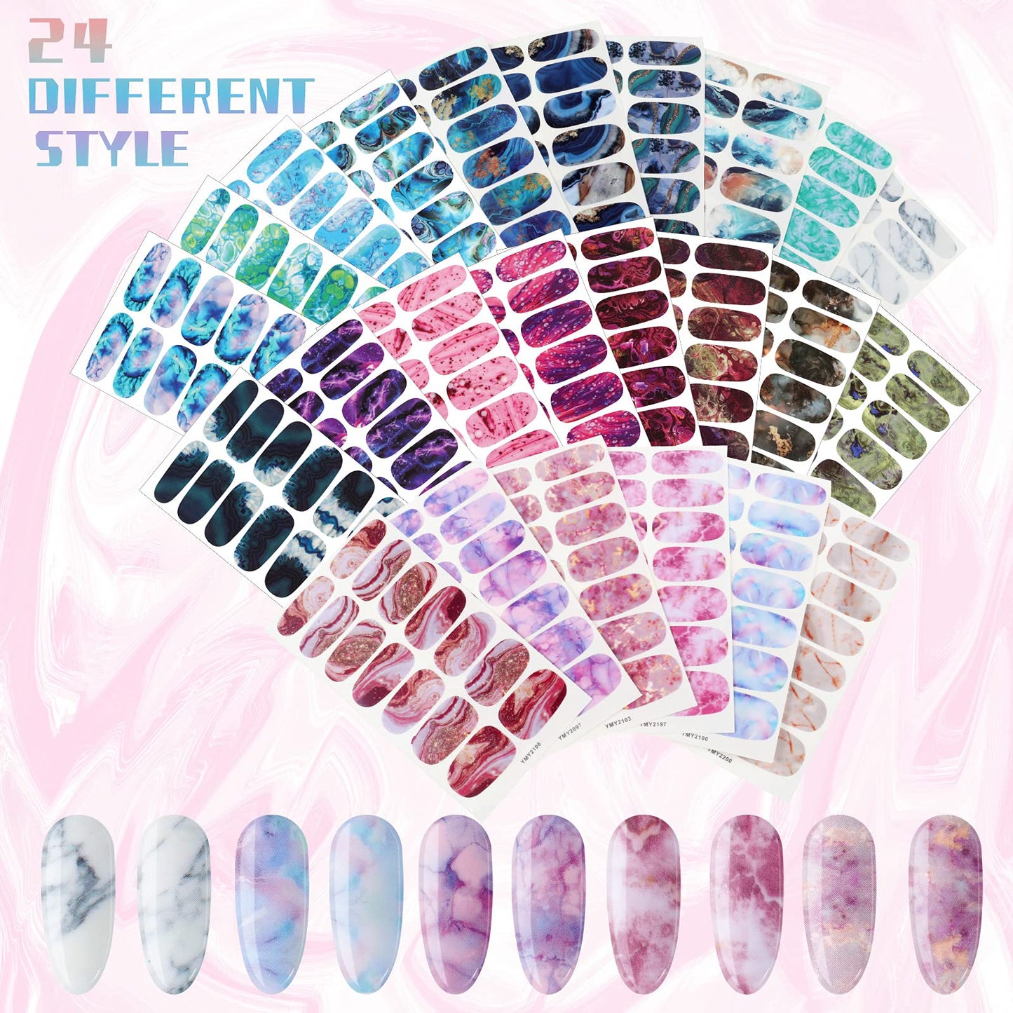 Maitys 336 Pieces 24 Sheets Full Wrap Nail Polish Strips Stickers Self Adhesive Gel Nail Strips Art Decals with File for Women DIY Decorations(Cool Style)