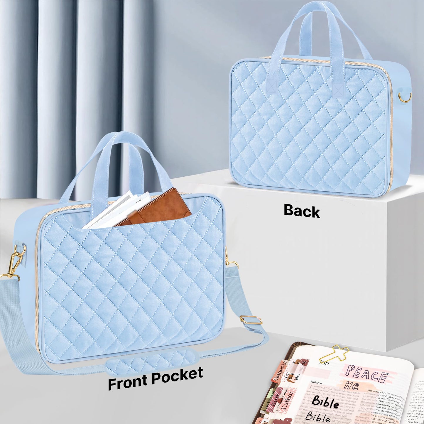 PUGPIU Bible Cover Case for Women, Large Quilted Bible Bag with Shoulder Strap and Handle, Bible Study Supplies Journaling Kit with Highlighters Pens No Bleed Tabs Notebook Cross Clips (Light Blue)
