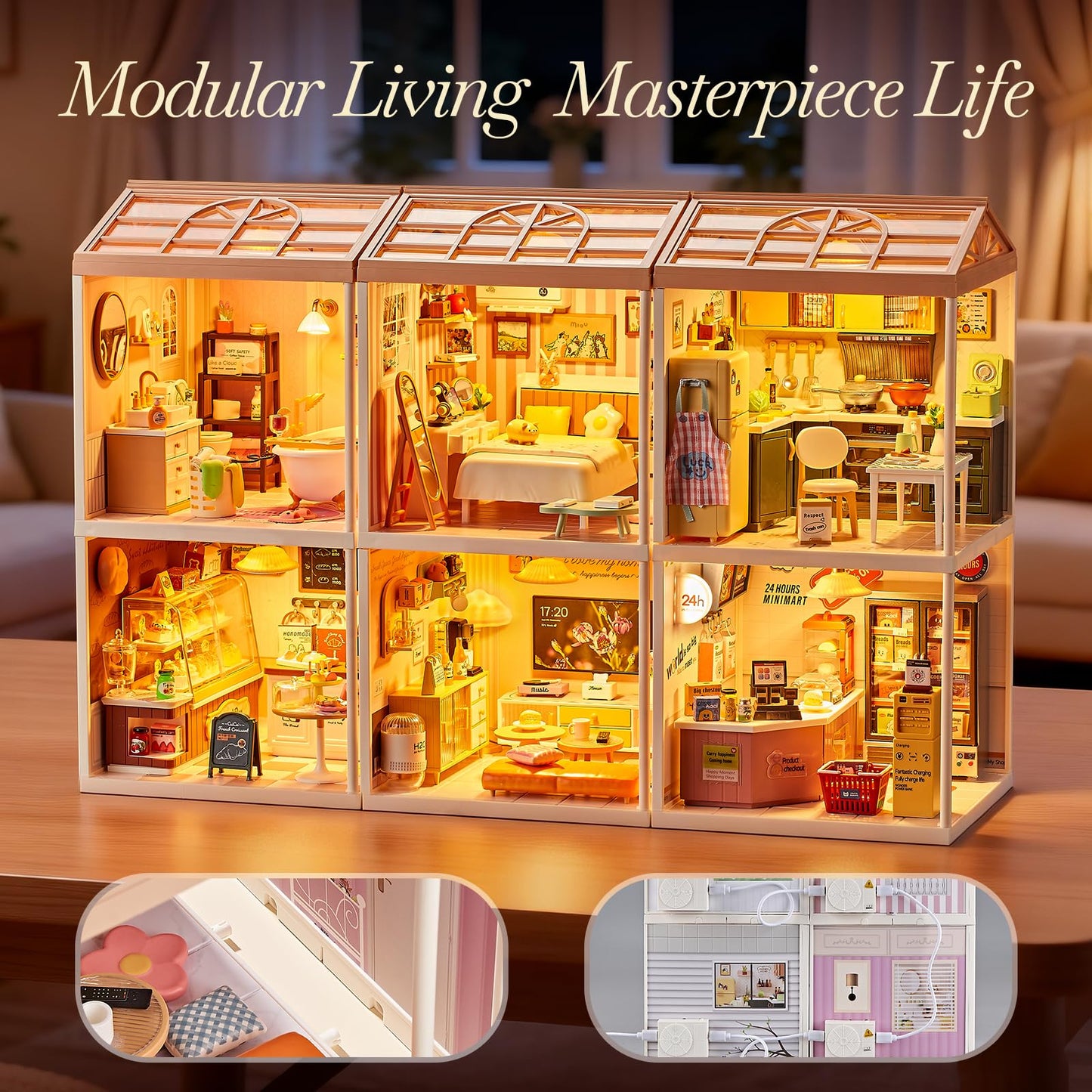 Qudify Miniature Living Room DIY Kit – 92Pcs 1:24 Scale Dollhouse Furniture with LED Light, Modular Scene Connector & Realistic Details for Kids 8+ and Collectors