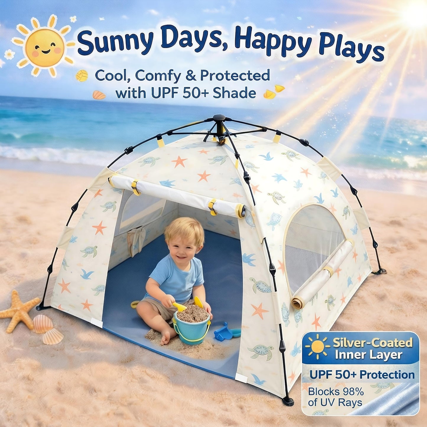 Baby Beach Tent Pop Up Sun Shelter with UPF 50+ UV Protection, Silver-Coated Interior, Breathable Mesh Ventilation, Easy Setup, Wind-Stable Beach Shade for Infants & Toddlers