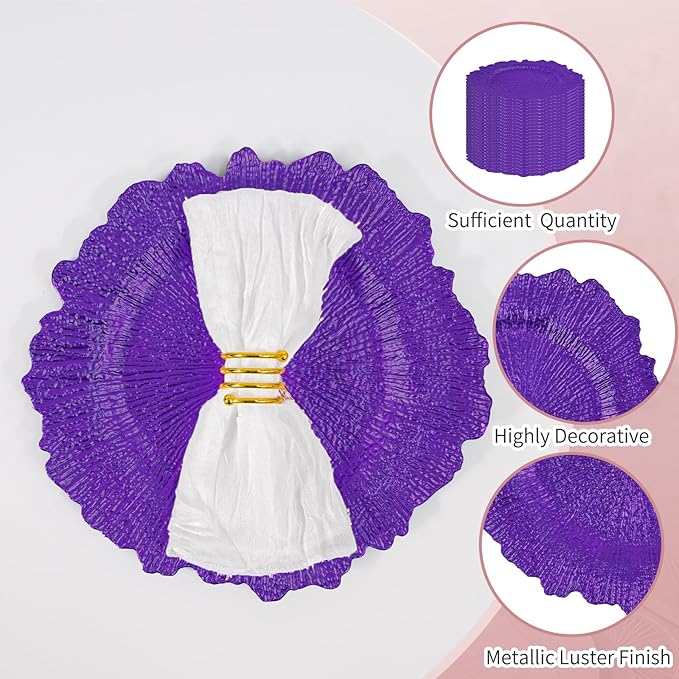 50 Pcs Purple Charger Plates Bulk 13 Inch Plastic Charger Plates for Dinner Plate, Purple Chargers for Table Setting, Reef Design Plate Floral Decorative Round Chargers for Wedding Party Event